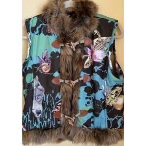 OILILY GIRLS Colorful Sleeveless Puffer Vest Faux Fur Trim Hood Size 9/10 US